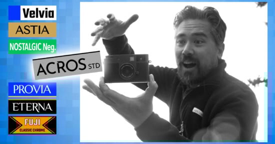 A man with a surprised expression holds a camera between his hands. On the left, there are colorful labels with names of film simulation modes: Velvia, Astia, Nostalgic Neg., Acros Std, Provia, Eterna, and Fuji Classic Chrome.