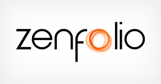 The image shows the Zenfolio logo with the brand name in black lowercase letters. The "o" in "folio" is composed of overlapping orange rings, creating a dynamic, swirling effect. The background is white.