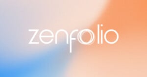 White text reading "zenfolio" on a blurred gradient background of blue, white, and peach colors. The “o” in “zenfolio” features circular, swirling lines.