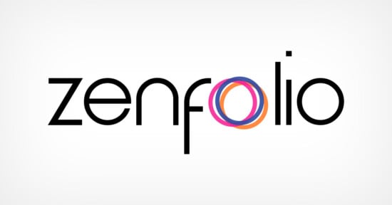 The word "zenfolio" written in a modern, black font; the two "o"s are overlapping, formed by interlocking blue, purple, orange, and pink rings. The background is white with a faint gradient.