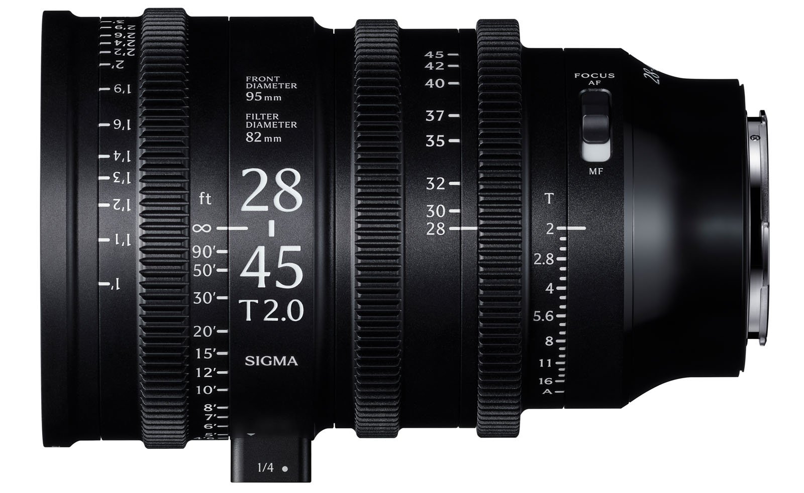 A black Sigma 28-45mm T2.0 cinema lens is shown from the side, displaying detailed focus, zoom, and aperture markings in white, with textured control rings and lens specifications visible.