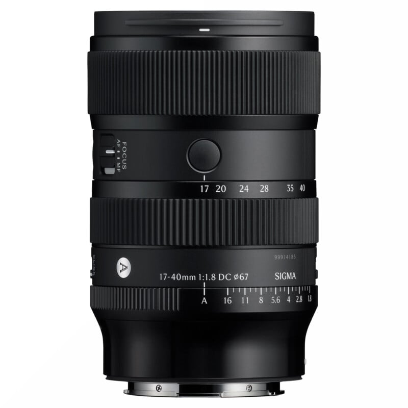 A Sigma camera lens with a focal length of 17-40mm and an aperture of f/1.8, featuring focus and zoom rings and a black, cylindrical design with white lettering indicating specifications.