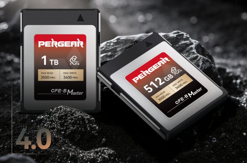 Two PERGEAR CFexpress Type B memory cards, one with 1TB and one with 512GB capacity, are placed on dark rocks. The cards display read speeds of 3500MB/s and write speeds of 3400MB/s. "4.0" is shown in the corner.