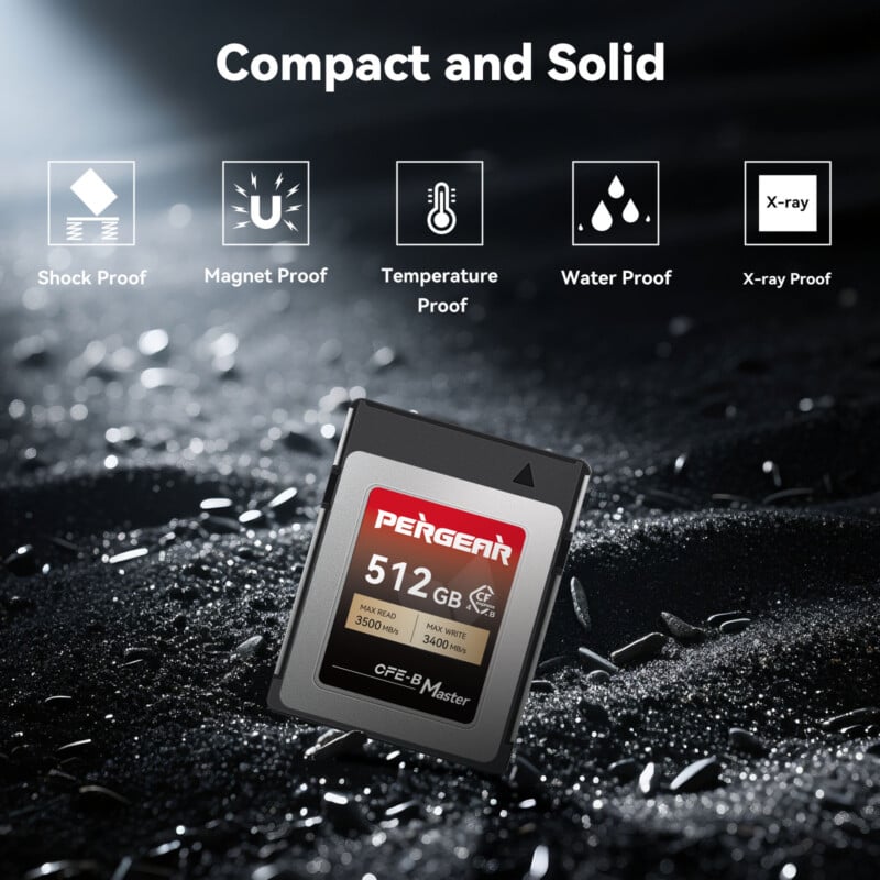 A Pergear 512GB CFexpress memory card is shown standing on a dark sandy surface, highlighting its features: shock proof, magnet proof, temperature proof, water proof, and X-ray proof.