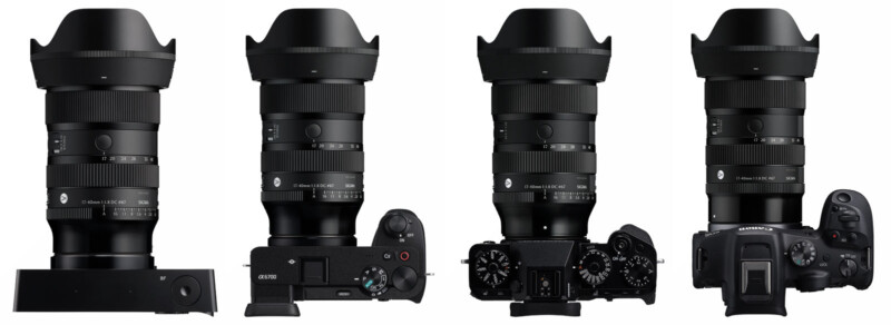 Four different cameras are shown each fitted with the same large Sigma 24-70mm f/2.8 DG DN lens, viewed from the front, top, and with various camera bodies and mounts.