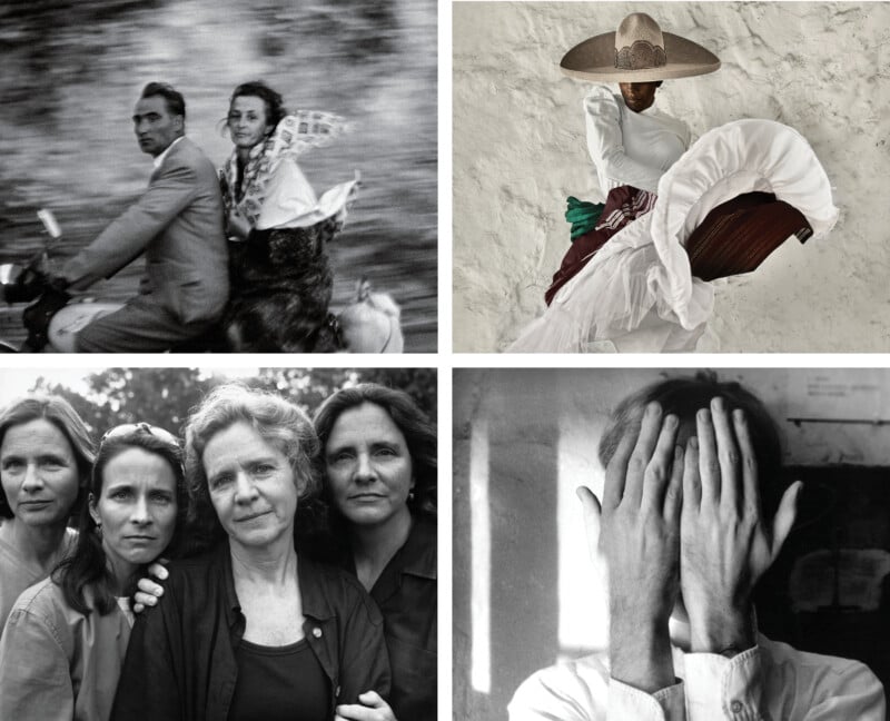 A collage of four photos: a couple riding a scooter, a dancer in traditional Mexican dress, three women posing closely, and a person covering their face with their hands.