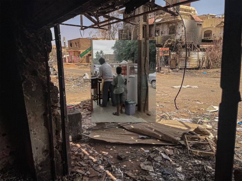A photograph of two people indoors is placed in the center of a scene showing a destroyed, debris-filled urban area viewed from inside a damaged building. The contrast highlights loss and memories amid destruction.