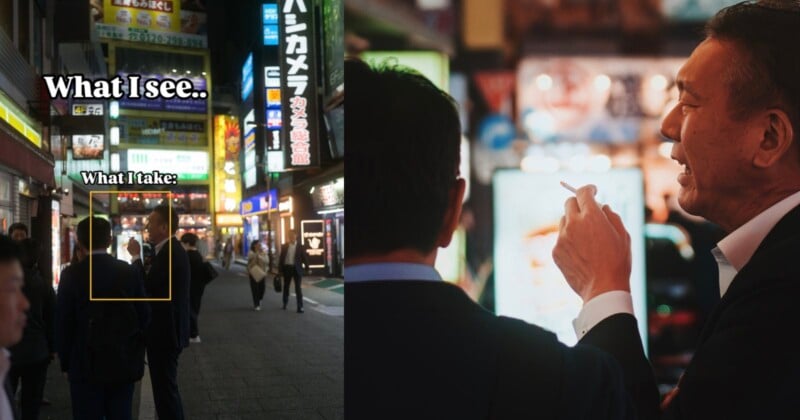 A split image: left side shows a busy city street at night with people walking; text reads "What I see.." and a box highlights one person with the caption "What I take." Right side shows a close-up of a man smoking.