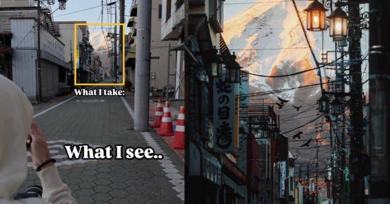 A meme shows a person taking a photo of a plain street, but their perspective imagines a dramatic view of Mount Fuji with birds and power lines; captions read "What I take:" and "What I see..