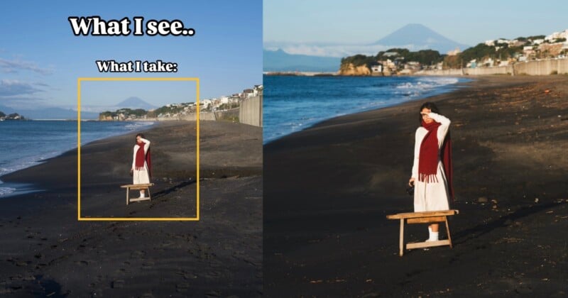 A woman in a white dress and red scarf stands on a black sand beach beside a small bench. The left side shows a zoomed-out view with a yellow frame highlighting the zoomed-in photo on the right. Distant mountains and ocean are visible.
