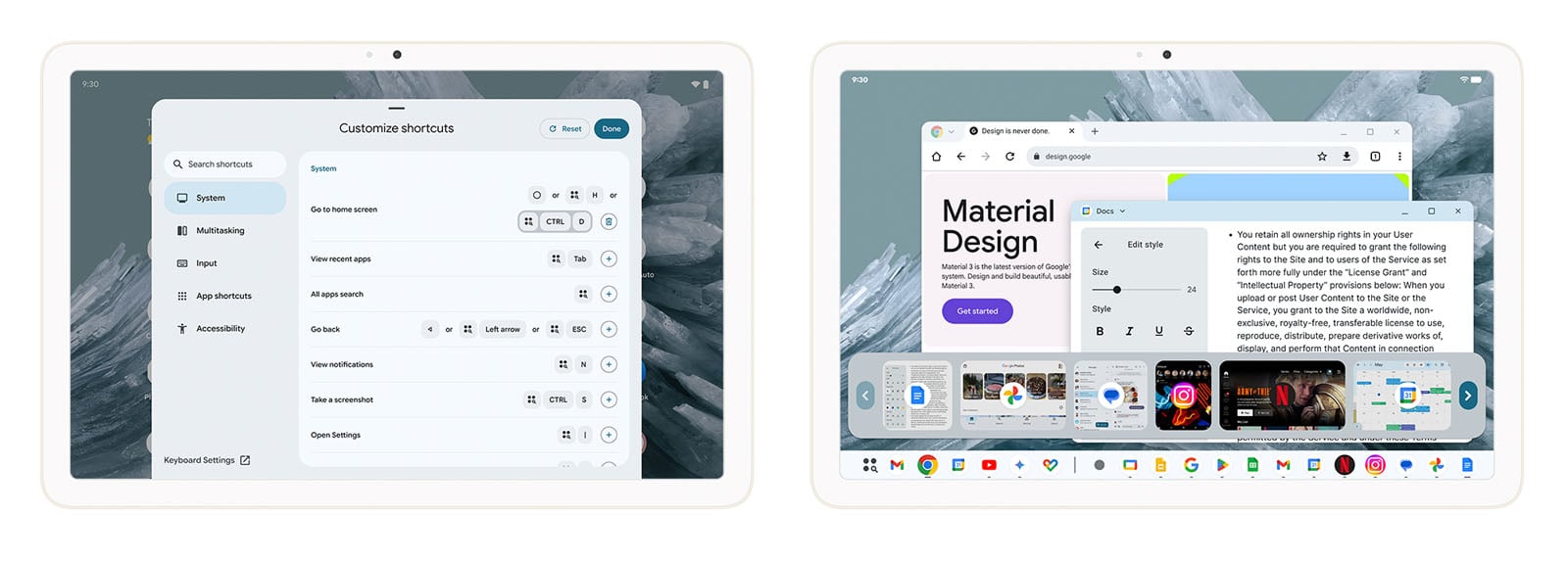 Two tablets display different screens: the left shows a settings menu titled "Customize shortcuts," while the right shows multiple open windows, including a web browser, in a desktop-like interface with a taskbar at the bottom.
