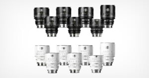 Two sets of six camera lenses, one set black and one set white, are arranged in two rows on a white background. Each lens displays focal length and aperture markings.
