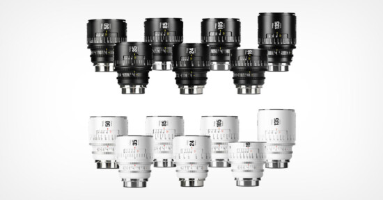 Two sets of six camera lenses, one set black and one set white, are arranged in two rows on a white background. Each lens displays focal length and aperture markings.