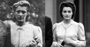 Side-by-side photos of two women in vintage-style clothing; the left image is an old, grainy black-and-white photo, while the right image is a clearer, more modern recreation in black and white, both women wearing similar buttoned dresses.