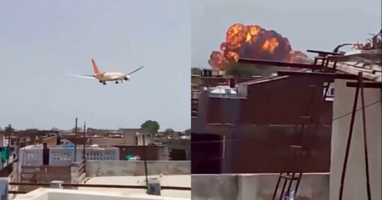 A split image shows a passenger airplane flying low over rooftops on the left, and an explosion with flames and smoke rising behind buildings on the right.