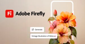 Adobe Firefly logo and text appear on the left, while a smartphone outline on the right displays vibrant vintage hibiscus flowers. Below, a button labeled "Generate" and a prompt reading "Vintage illustration of hibiscus" are shown.