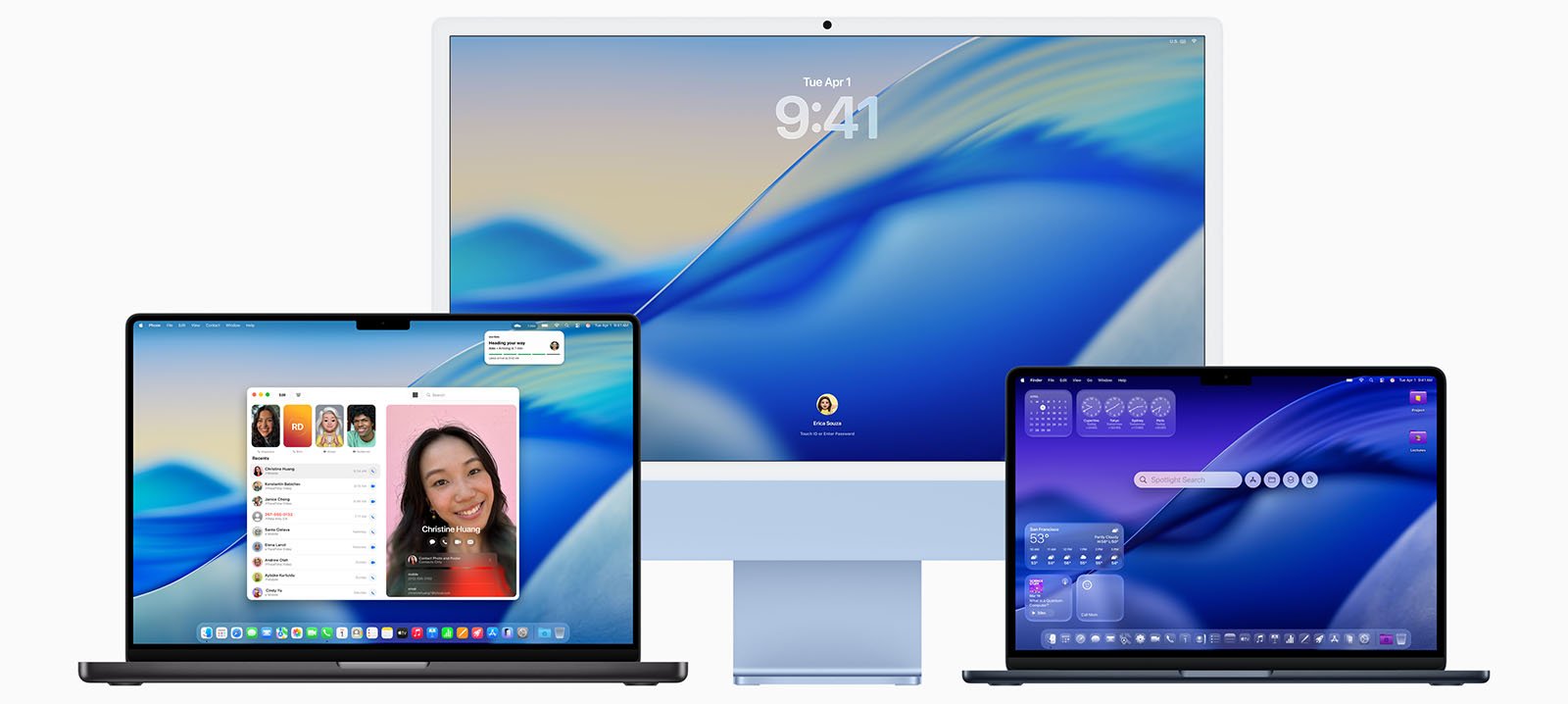 Three Apple computers are shown: a large iMac in the back with a blue wallpaper, and two MacBooks in the front displaying different apps and widgets on their screens.