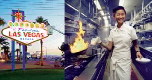 Split image: On the left, the iconic "Welcome to Fabulous Las Vegas, Nevada" sign; on the right, a chef smiling while flambéing food in a busy restaurant kitchen.