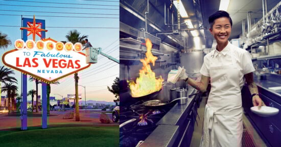 Split image: On the left, the iconic "Welcome to Fabulous Las Vegas, Nevada" sign; on the right, a chef smiling while flambéing food in a busy restaurant kitchen.