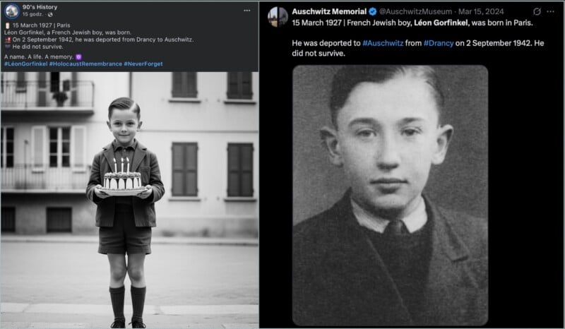 A black-and-white image shows a young boy in a suit holding a birthday cake with lit candles. Next to it is a portrait of the same boy, with short hair, looking directly at the camera. Both images are accompanied by memorial tweets.