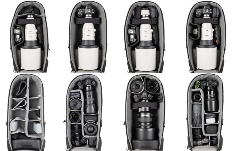 Eight camera backpacks are shown from above, each packed with different photography gear, including cameras with large and small lenses, additional camera bodies, lenses, batteries, and organized interior dividers.