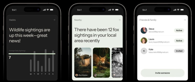 Three smartphone screens show: 1) a habits app tracking wildlife sightings, 2) a notification of 12 recent fox sightings with fox photos, 3) a friends list with statuses and an invitation option.