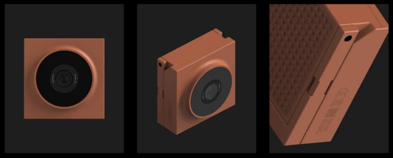 Three views of a compact, square, brown camera with a circular black lens in the center, shown from the front, side, and a close-up of the textured back with product details.