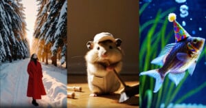 A woman in a red coat walks in snowy woods, a hamster wearing a white outfit and cap holds a mop, and a fish wearing a party hat swims underwater among plants.