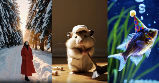 A woman in a red coat walks in snowy woods, a hamster wearing a white outfit and cap holds a mop, and a fish wearing a party hat swims underwater among plants.