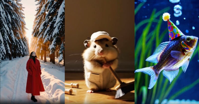 A woman in a red coat walks in snowy woods, a hamster wearing a white outfit and cap holds a mop, and a fish wearing a party hat swims underwater among plants.