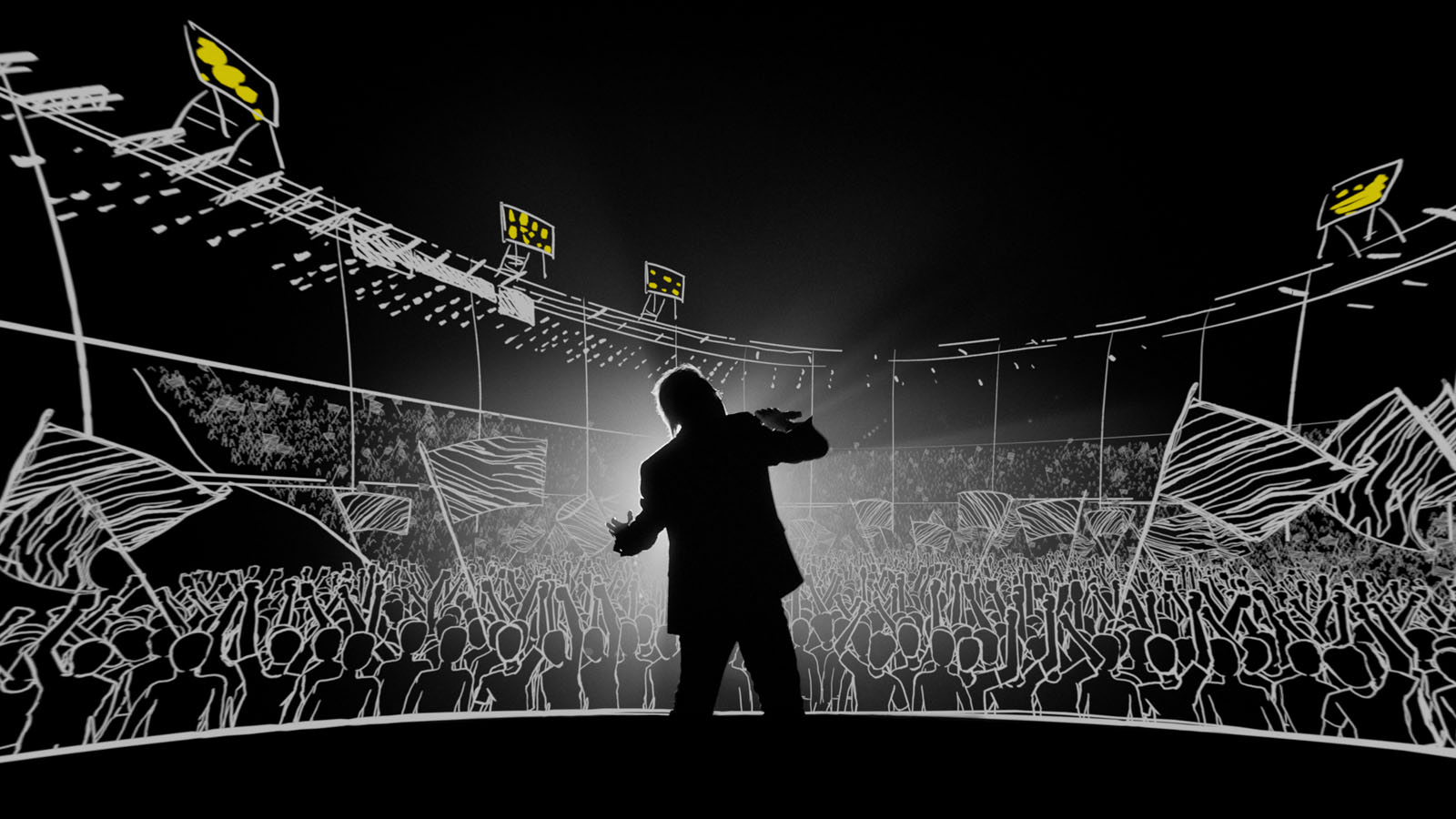 A silhouetted performer stands on stage before a cheering crowd, with white line art illustrating people, flags, and lights against a dark background, creating a dramatic concert scene.
