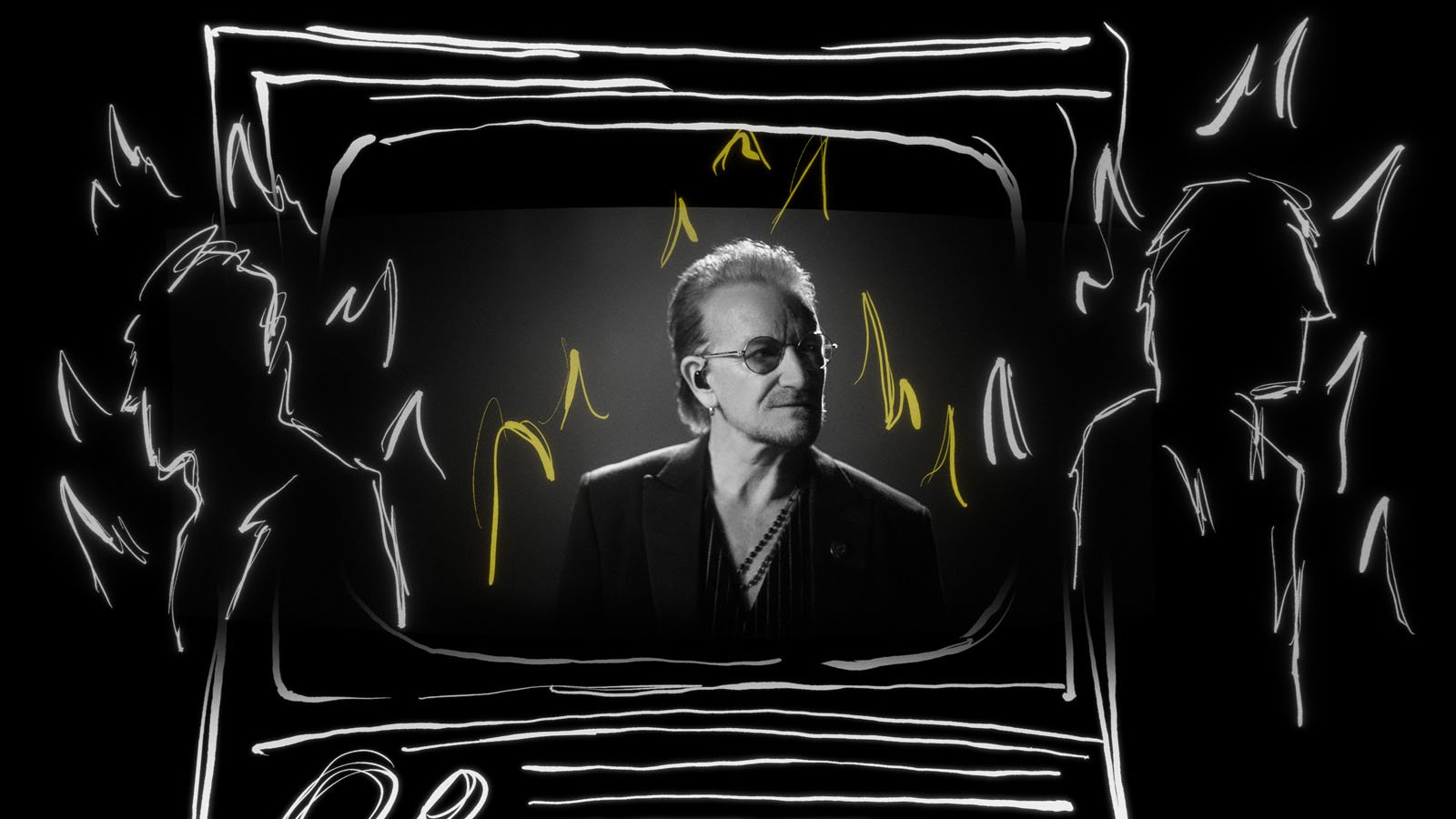 A man wearing sunglasses stands in the center, surrounded by yellow accents, with white sketch-like outlines of two figures and a rectangular frame resembling a TV screen against a black background.