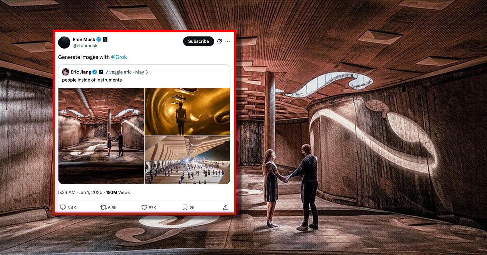 A couple holding hands stands in an artistic interior with swirling light patterns. A large highlighted tweet about generating images is overlaid, showing examples of people inside instrument-like spaces.