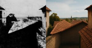 Split image showing a grainy black and white photo of rooftops on the left and a clear color photo of similar rooftops and landscape on the right, illustrating a visual comparison over time.