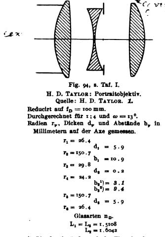 A black-and-white diagram of a lens system with labeled lenses and measurements, accompanied by mathematical formulas and data in German, detailing focal lengths and glass types for a portrait lens.