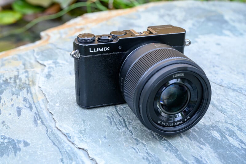 A black Lumix digital camera with a zoom lens rests on a gray stone surface outdoors, with blurred green foliage in the background.