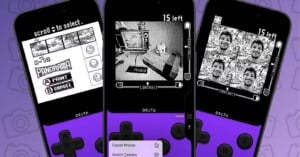 Three phone screens display a retro-style camera app with pixelated, monochrome images and editing options like brightness and contrast; a controller interface and a menu for exporting photos are visible.