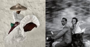 The image is split in two: on the left, a dancer in a wide hat and flowing skirt leaps against a pale textured background; on the right, a black-and-white photo of a man and woman riding a motorcycle, the scene slightly blurred.