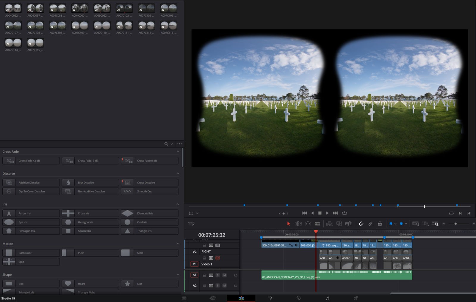A computer screen displays video editing software with a stereoscopic VR video of a cemetery showing white crosses, blue sky, and grass. Editing tools, video effects, and timeline clips are visible in the interface.