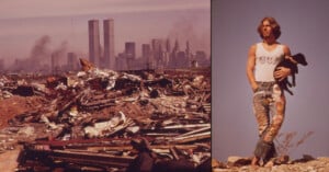 A split image: on the left, a junkyard with debris and the New York City skyline, including the Twin Towers, in the background; on the right, a man in a tank top and painted jeans holds a small dog.