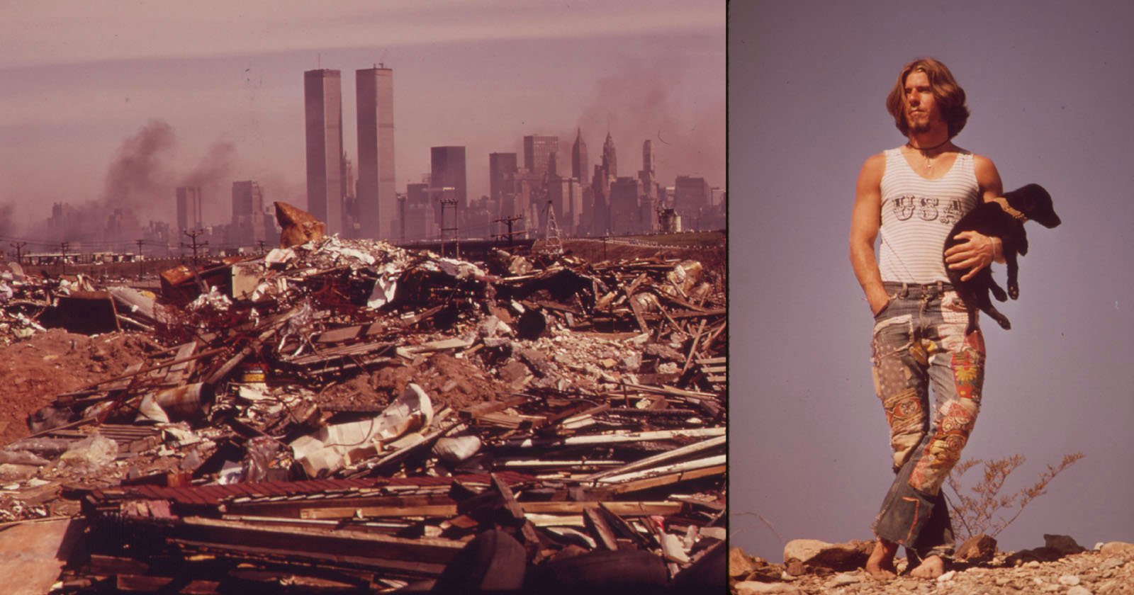 A split image: on the left, a junkyard with debris and the New York City skyline, including the Twin Towers, in the background; on the right, a man in a tank top and painted jeans holds a small dog.