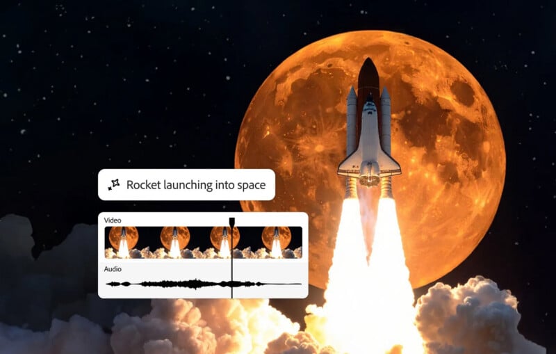 A rocket launches into space with a large full moon in the background. Below, video and audio editing tracks are shown, labeled “Rocket launching into space.”.