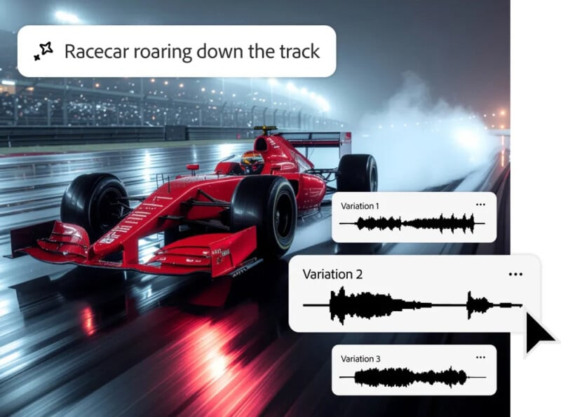 A red racecar speeds down a wet, illuminated racetrack at night, creating mist. Overlayed text reads "Racecar roaring down the track" with three sound waveform graphics labeled Variation 1, 2, and 3.