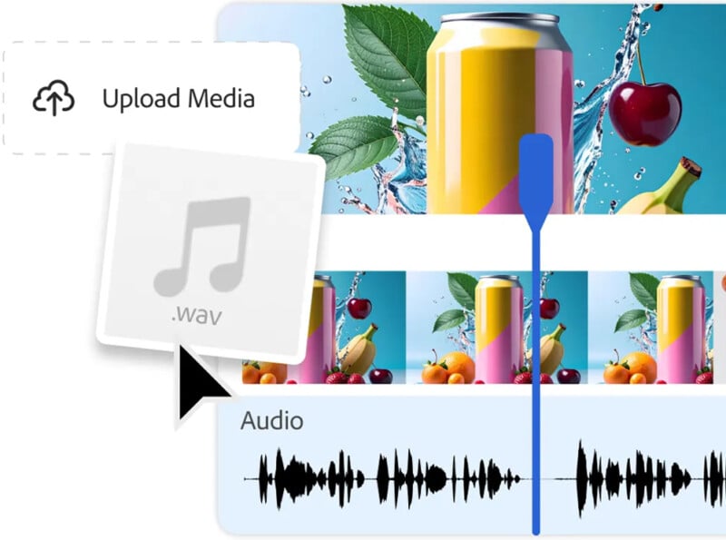 A graphic showing a video editing interface with fruit drink images, an audio waveform labeled ".wav", an upload button, and a blue playhead, illustrating multimedia editing.