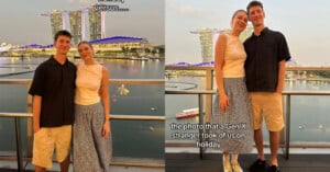 A young couple poses on a balcony at sunset with Marina Bay Sands in Singapore behind them. Left: A warm, balanced selfie. Right: A wider, less flattering photo taken by someone else. Text contrasts Gen Z and Gen X photo styles.