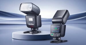 Two Godox camera flash units are displayed on a bluish, abstract background; one shows the front view with a prominent flash head, while the other displays the back with control screen and buttons.