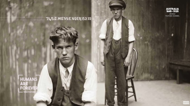 Two boys in old-fashioned clothing pose for a black-and-white photo; one sits on a bench in the foreground looking serious, while the other stands near a chair behind him. Text on the image says "HUMANS ARE FOREVER" and "7145J. Messenger15222.