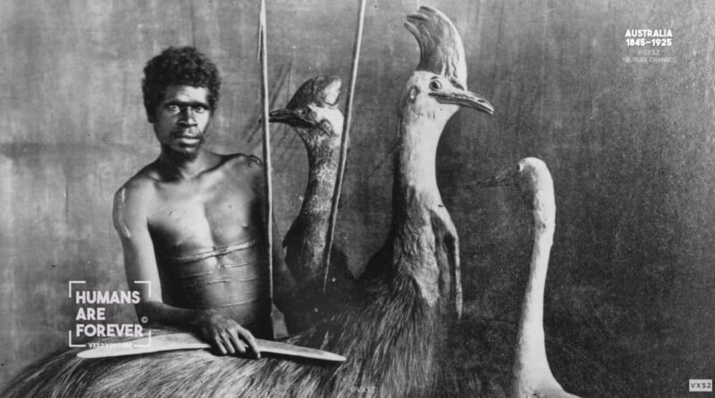 A young Indigenous Australian boy poses with large taxidermied birds and holds a spear. The image is black and white, with text overlay reading, "HUMANS ARE FOREVER," and details about Australia, 1845-1925.
