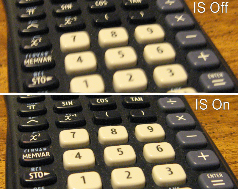 Close-up of a calculator with two images stacked: the top labeled "IS Off," appearing yellowish, and the bottom labeled "IS On," with clearer, whiter keys and less color distortion.
