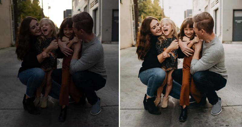 A family of four, two adults and two young girls, kneel and hug each other, smiling and laughing together in an outdoor urban alleyway. The image is shown side by side in different lighting or filter styles.